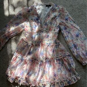 Lulu's Pastel Floral Ruffle Dress - Pink & Blue
